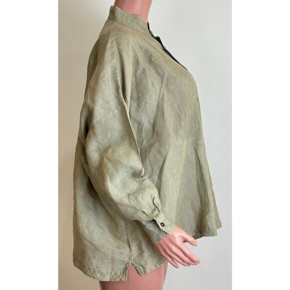 Eskandar Shirt Sz 0 Oatmeal Linen Mandarin Stand Collar Longer Back Blouse Top - Picture 2 of 11